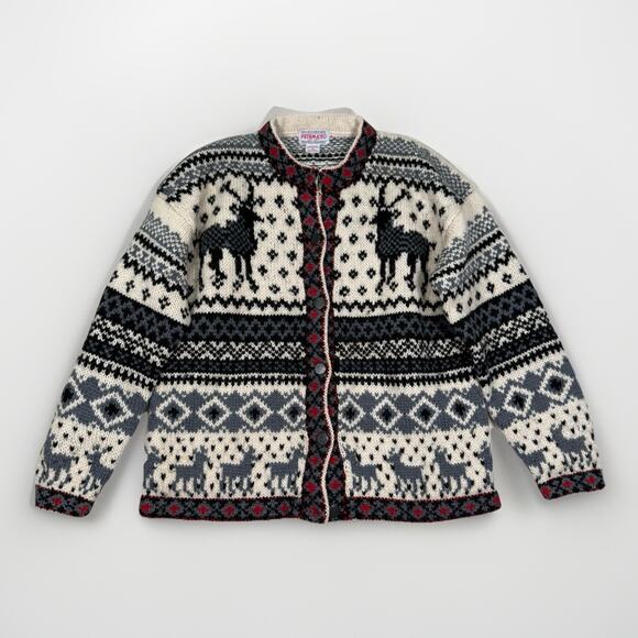 Vintage Putumayo 100% Wool Cardigan Button Fair Isle Holiday Reindeer Size Small - Picture 1 of 7